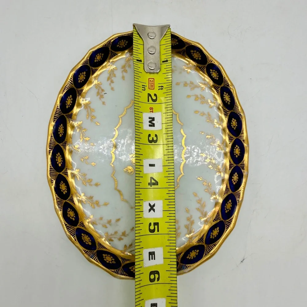 Antique Cobalt Blue Gold Gilt Porcelain Oval Trinket Dish Floral Scalloped Rim‎